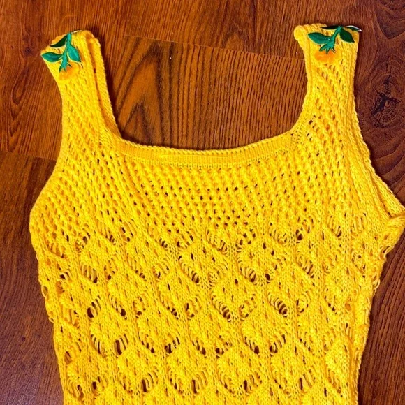 🌷 Crochet Knit Floral Embroidery Dress 🌷 Vibrant Yellow - Picture 11 of 14